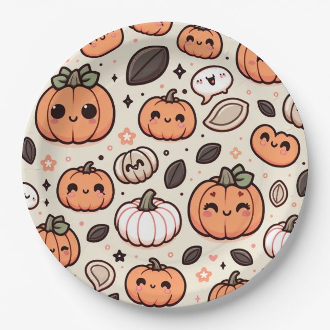 Cute Pumpkins and Pumpkin Seeds Halloween Party Paper Plates (Front)