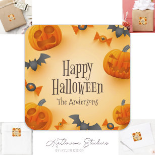 Cute Pumpkins Bats and Spyders Happy Halloween Square Sticker