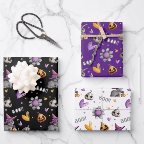 Cute pumpkins cats and flowers boo Halloween Wrapping Paper Sheets