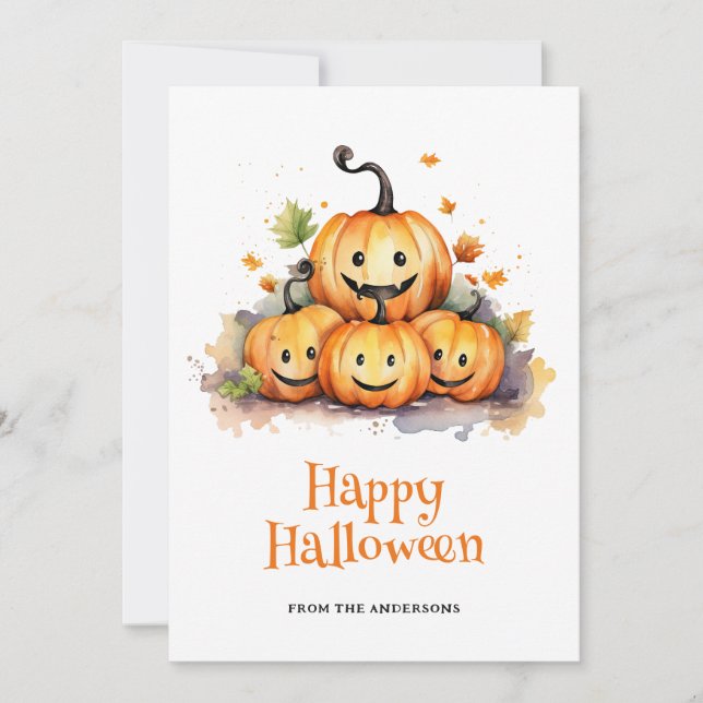 Cute Pumpkins Ghosts Happy Halloween Card (Front)
