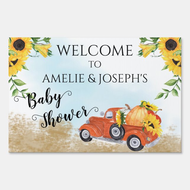 Cute Pumpkins in Truck Fall | Autumn Baby Shower S Sign (Front)
