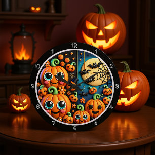 Cute Pumpkins Moon Bats Scene Large Clock