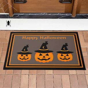 Cute Pumpkins Wearing Witch's Hat Happy Halloween Doormat