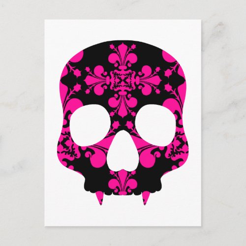 Cute punk goth fanged skull hot pink and black postcard