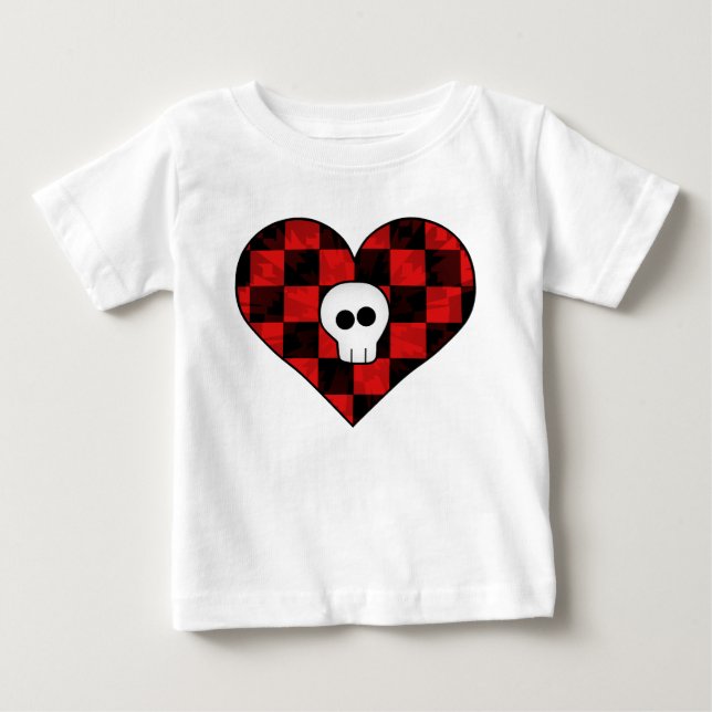 Cute punk goth skull in red checkered heart baby T-Shirt (Front)