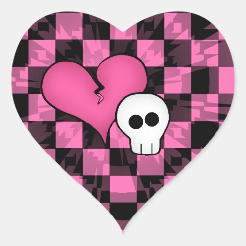 Cute punk hot pink and black broken hearted skull heart sticker