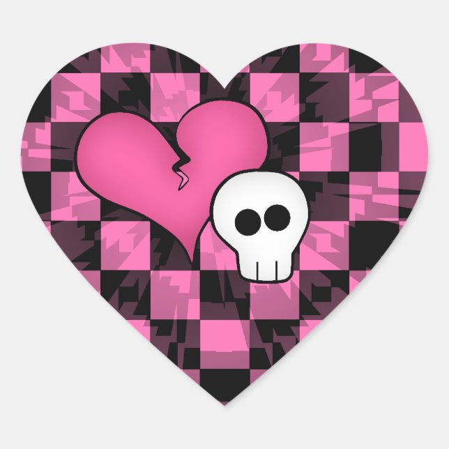Cute punk hot pink and black broken hearted skull heart sticker (Front)