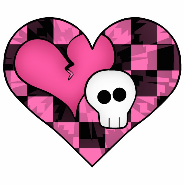 Cute punk hot pink and black heart and skull statuette (Front)