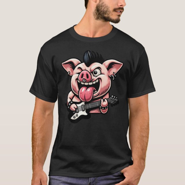 Cute Punk Pig, Rock'n Roll Goth Pork, Guitar Band  T-Shirt (Front)