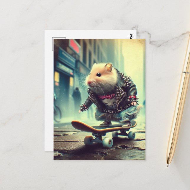 Cute Punk Rock Goth Skateboarding Hamster Postcard (Front/Back In Situ)