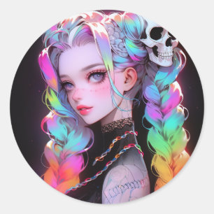 Cute Punk Rock Skull Goth Rainbow Braid Anime Girl Classic Round Sticker