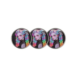 Cute Punk Rock Skull Goth Rainbow Braid Anime Girl Golf Ball Marker