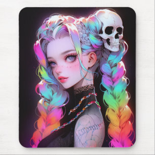 Cute Punk Rock Skull Goth Rainbow Braid Anime Girl Mouse Pad