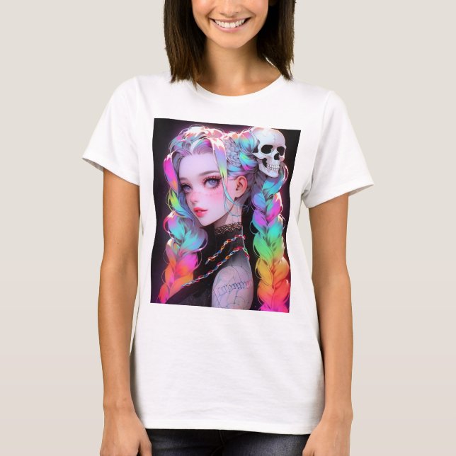 Cute Punk Rock Skull Goth Rainbow Braid Anime Girl T-Shirt (Front)