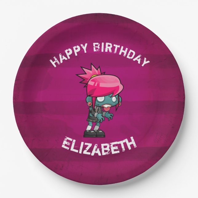 Cute Punk Rock Zombie Girl Happy Birthday Paper Plates (Front)