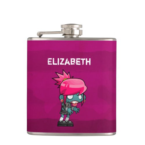 Cute Punk Rock Zombie Girl Illustrated Hip Flask