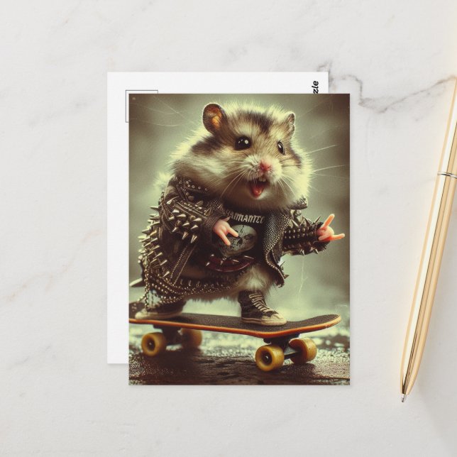 Cute Punk Spiked Jacket Skateboarding Hamster Postcard (Front/Back In Situ)
