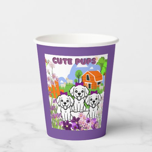 Cute Puppies And Flowers Purple Theme Paper Cups