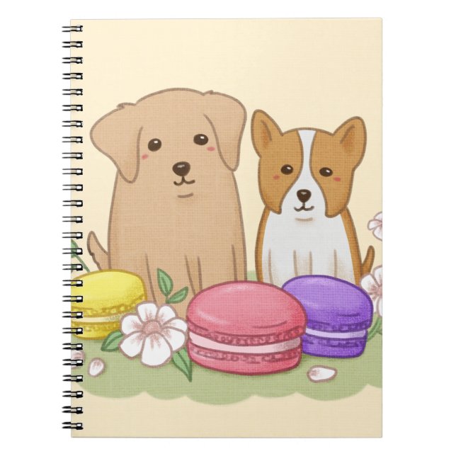 Cute Puppies and Macarons Illustration Art Notebook (Front)