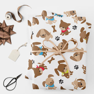 Cute Puppies and Paw Prints Wrapping Paper Sheets