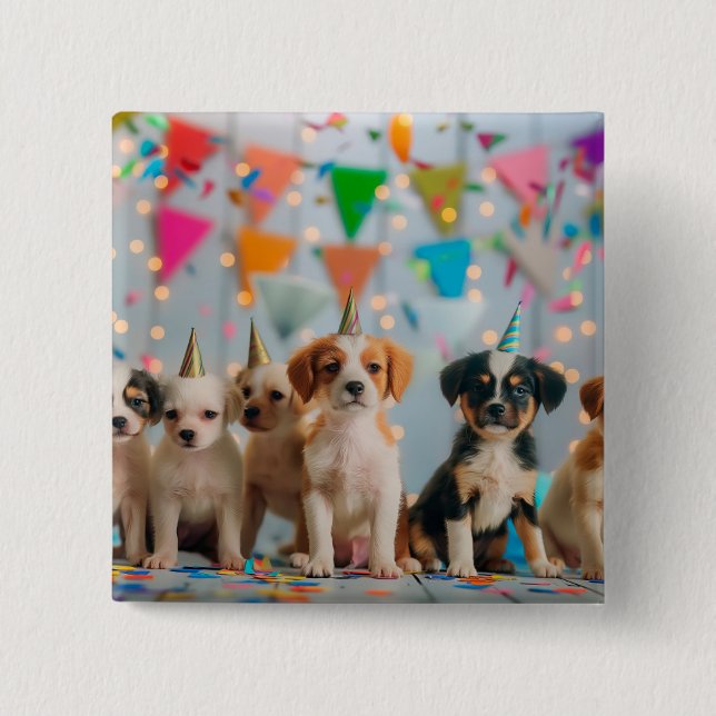Cute Puppies Birthday Party Celebration Design Button (Front)