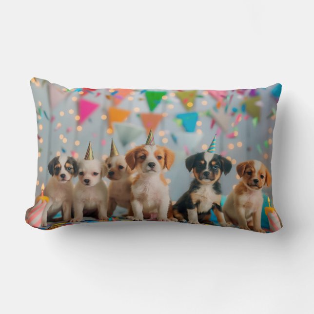 Cute Puppies Birthday Party Celebration Design Lumbar Pillow (Front)