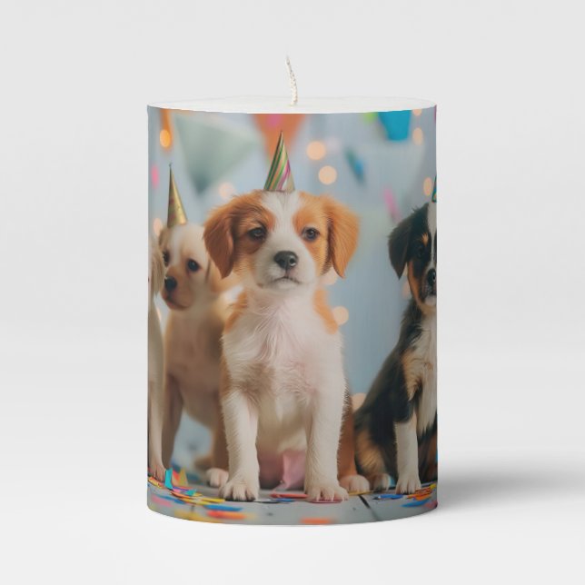 Cute Puppies Birthday Party Celebration Design Pillar Candle (Front)