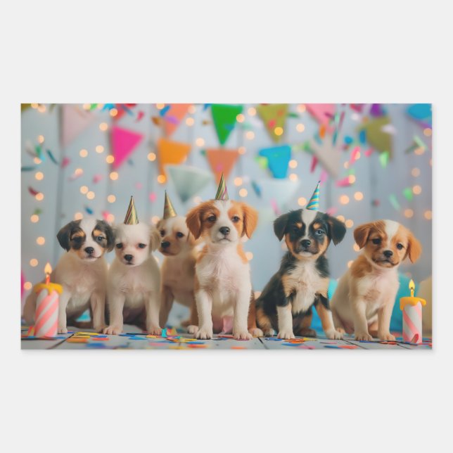 Cute Puppies Birthday Party Celebration Design Rectangular Sticker (Front)