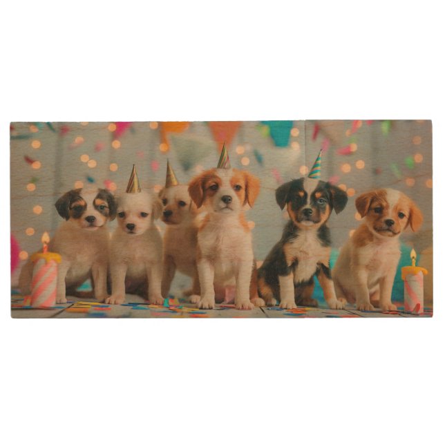 Cute Puppies Birthday Party Celebration Design Wood Flash Drive (Front)