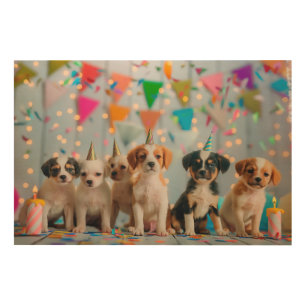 Cute Puppies Birthday Party Celebration Design Wood Wall Art