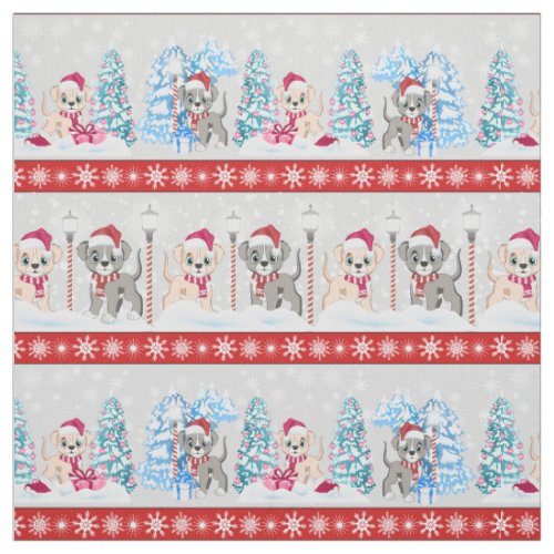 Cute Puppies Cartoons Snowy Christmas Holidays Fabric