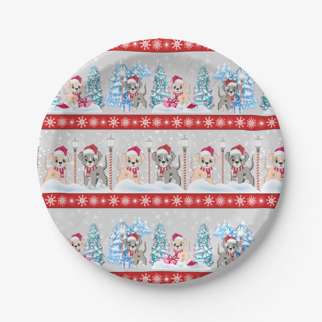Cute Puppies Cartoons Snowy Christmas Holidays Paper Plates (Front)