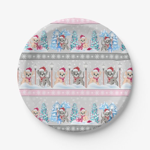 Cute Puppies Cartoons Snowy Christmas Holidays Paper Plates