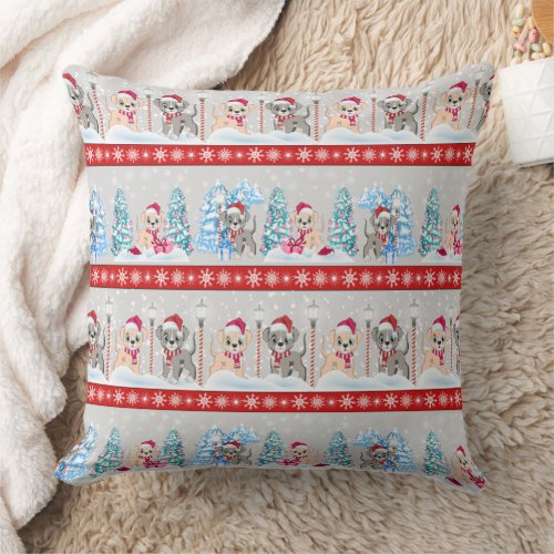 Cute Puppies Cartoons Snowy Christmas Holidays Throw Pillow