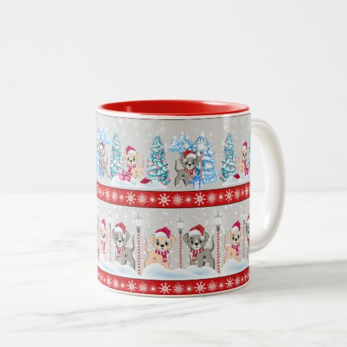 Cute Puppies Cartoons Snowy Christmas Holidays Two_Tone Coffee Mug