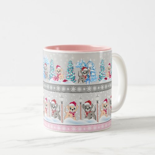 Cute Puppies Cartoons Snowy Christmas Holidays Two_Tone Coffee Mug