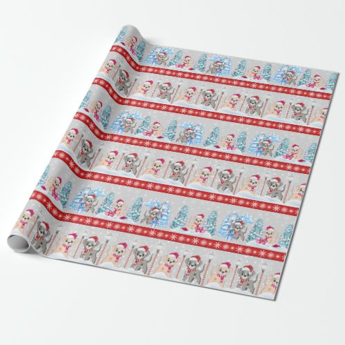 Cute Puppies Cartoons Snowy Christmas Holidays Wrapping Paper
