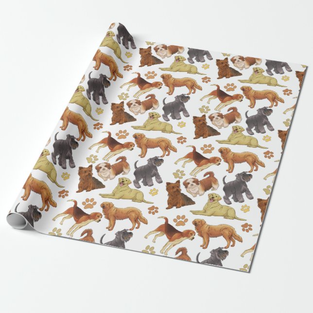 Cute puppies dogs with bones and paws pattern  wrapping paper (Unrolled)