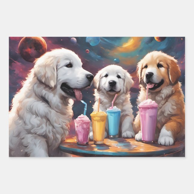 Cute Puppies Drinking Milkshakes Wrapping Paper Sheets (Front)
