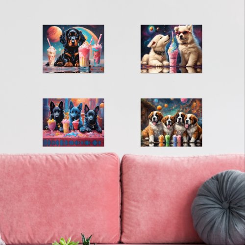 Cute Puppies Drinking out of this world Milkshakes Wall Art Sets