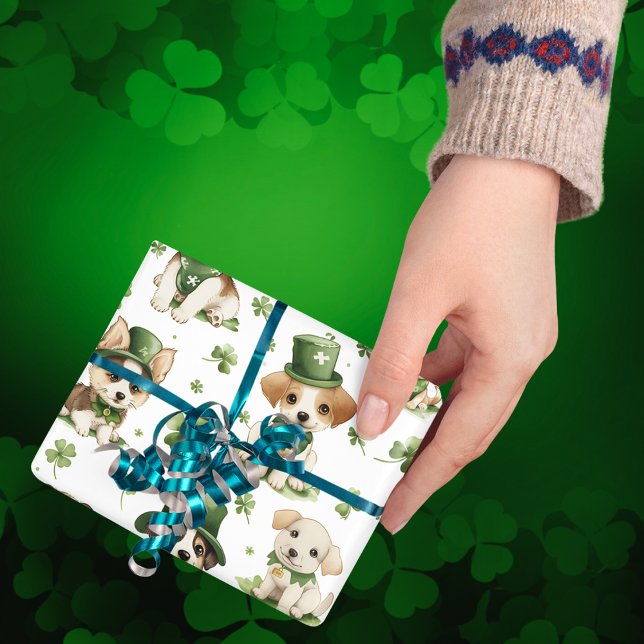 Cute Puppies Green Hat Shamrock St. Patrick's Day Wrapping Paper (Creator Uploaded)