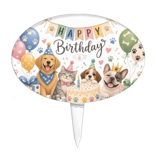 Cute Puppies Happy Birthday Festive Cake Topper