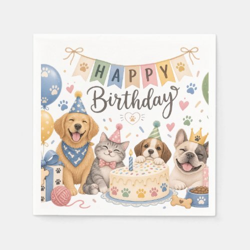 Cute Puppies Happy Birthday Festive Paper Napkins