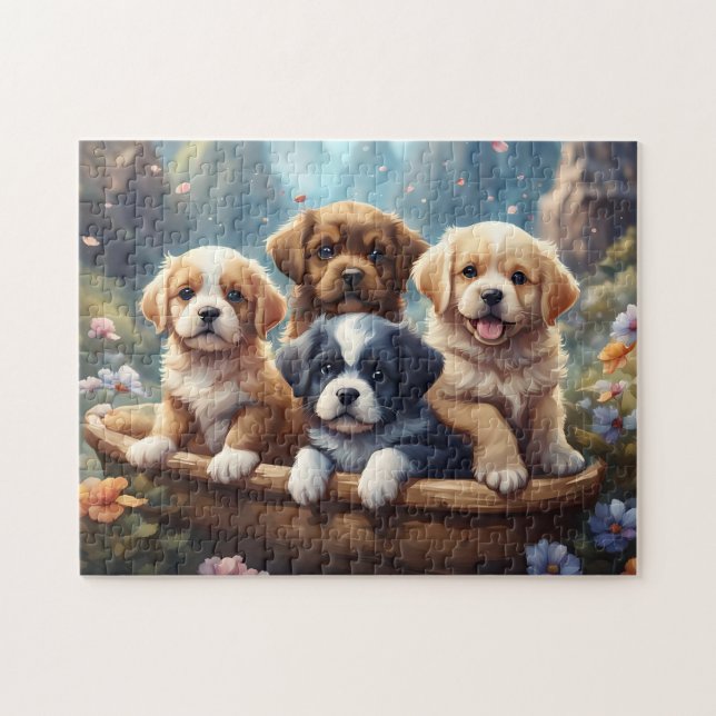 Cute puppies in a basket jigsaw puzzle (Horizontal)