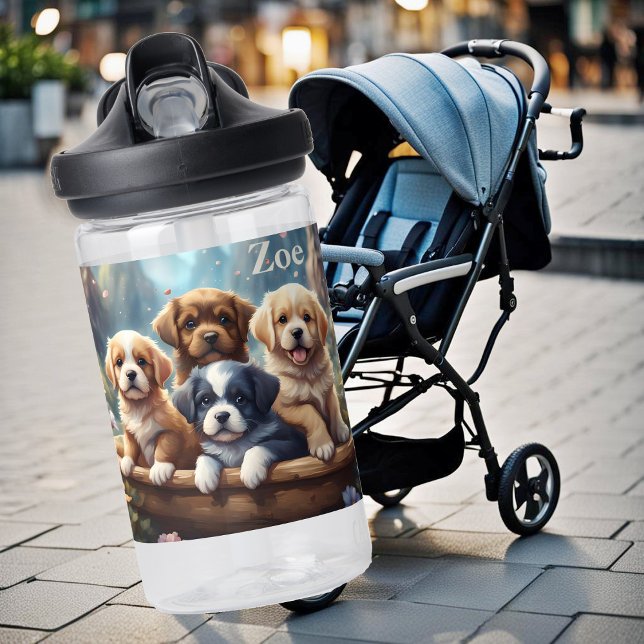 Cute puppies in a basket, personalizable  water bottle (Creator Uploaded)