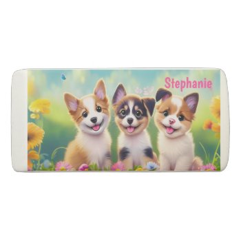 Cute Puppies In A Flower Meadow Kids Name Eraser by stdjura at Zazzle