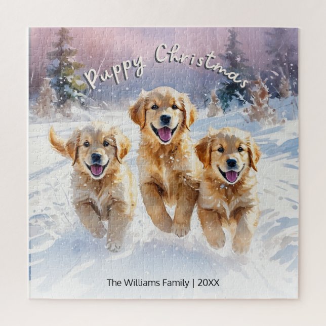 Cute Puppies In Snow Custom Text Merry Christmas Jigsaw Puzzle (Vertical)
