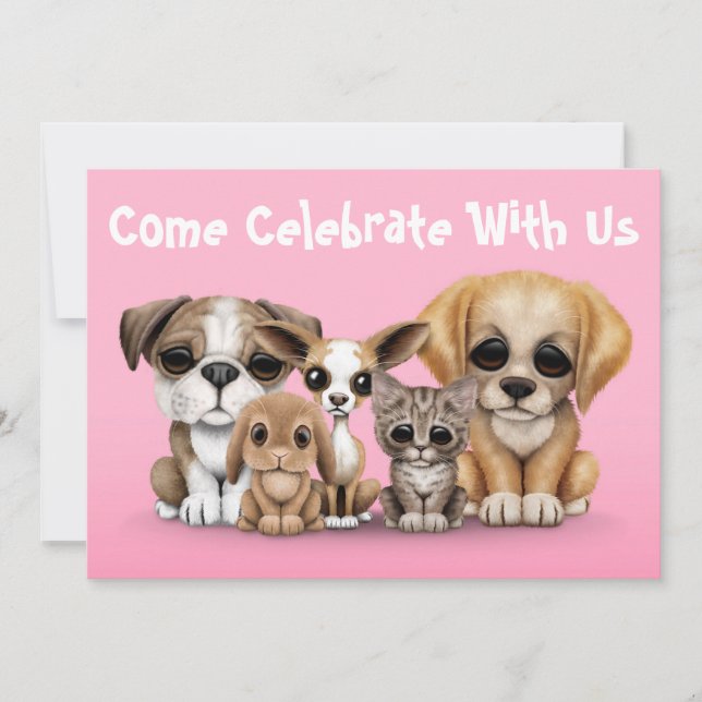 Cute Puppies, Kitten and Bunny Pet Portrait Pink Invitation (Front)