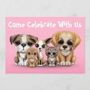 Cute Puppies, Kitten and Bunny Pet Portrait Pink Invitation