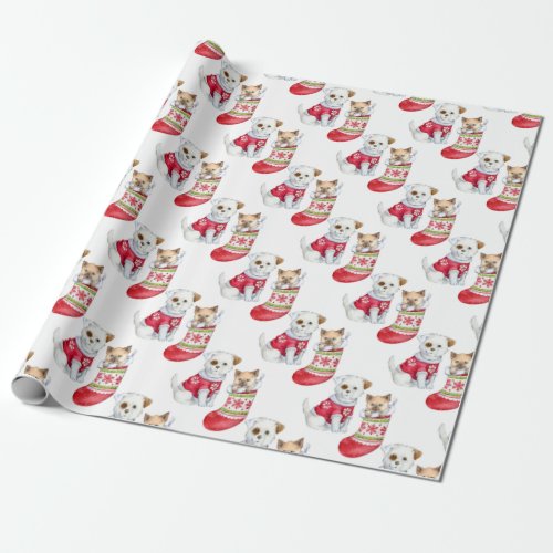 Cute Puppies  Kittens Christmas Holiday Wrapping Paper